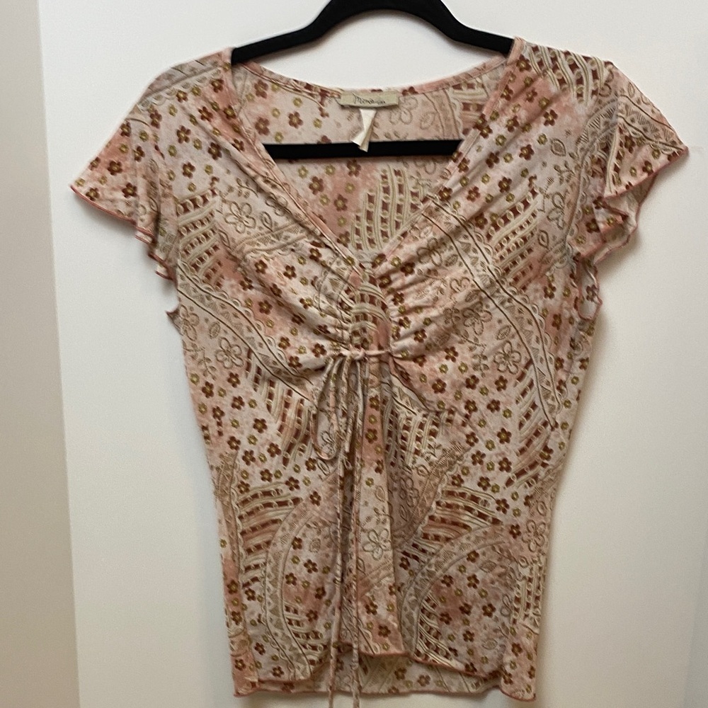 Mine Patterned y2k V-Neck Blouse - Pink and Brown - Picture 5 of 7